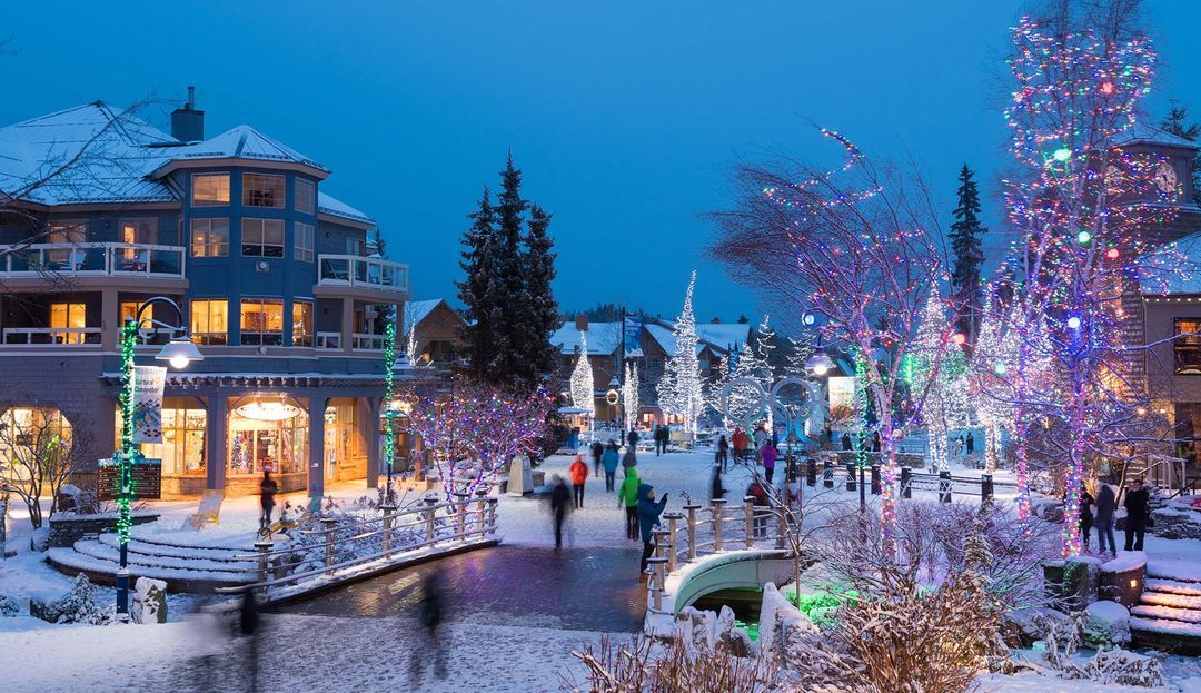 Walking through Whistler Village to the ski slopes from Ace Cascade Lodge